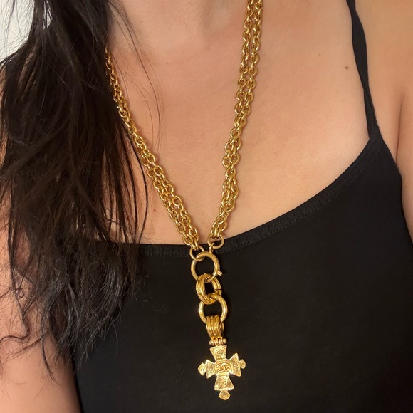 CHANEL Vintage Elegant Gold Cross Multi-strand Pendant Necklace - Picture 1 of 13